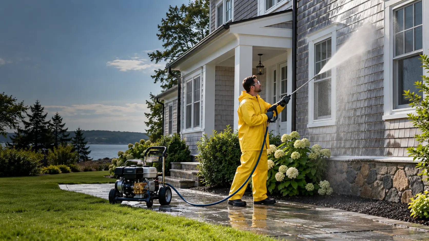 Professional power washing of a residential exterior