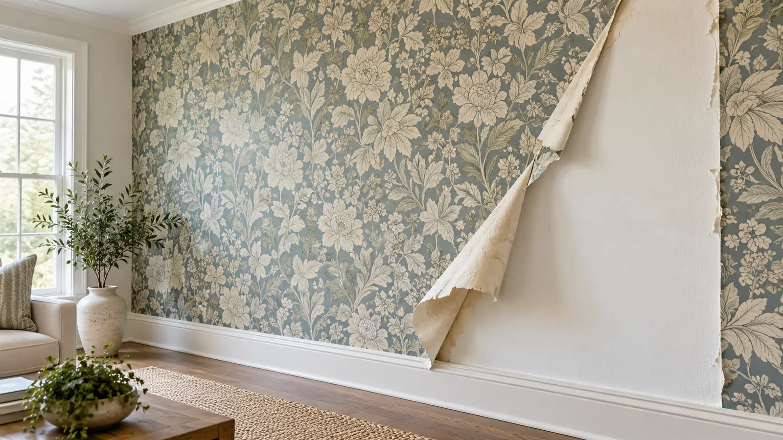 Patterned wallpaper partially removed from an interior wall